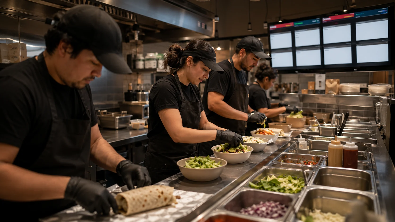Relay self-ordering kiosk in a busy quick-service restaurant.