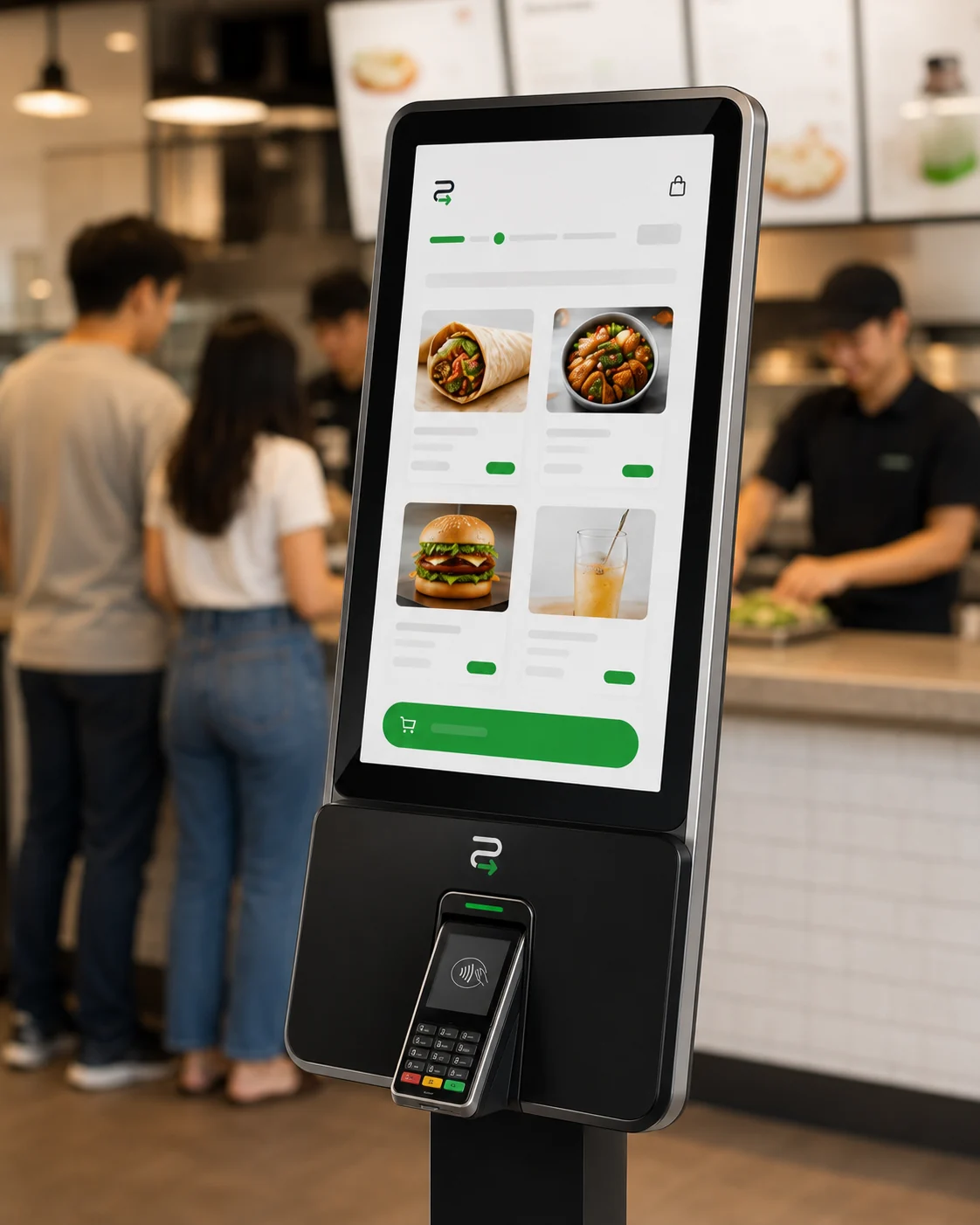 Relay self-ordering kiosk in a busy quick-service restaurant.